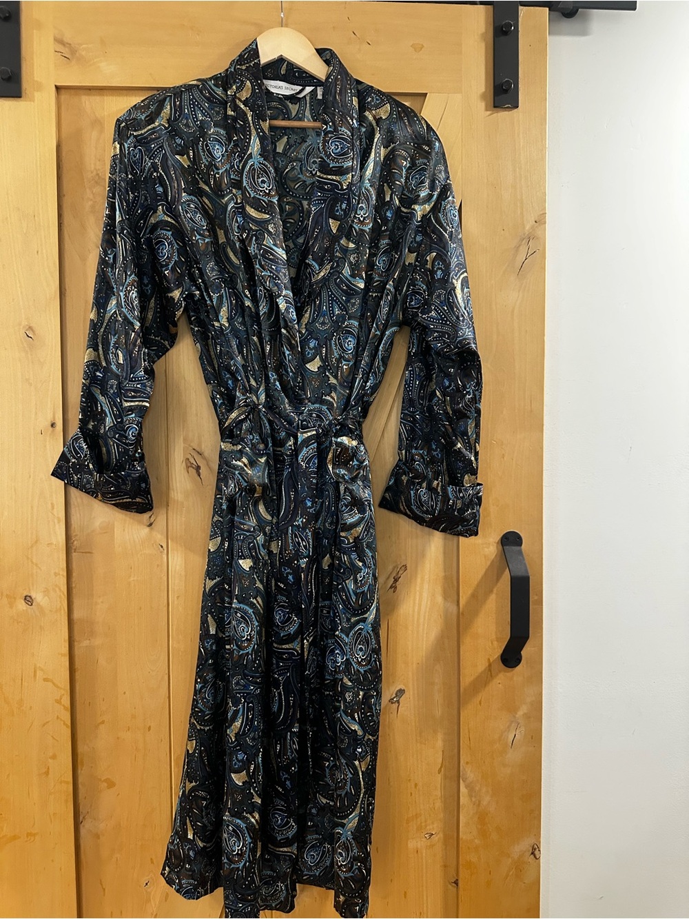 Victoria's Secret Black Paisley Satin Wrap Robe with Teal & Gold Accents